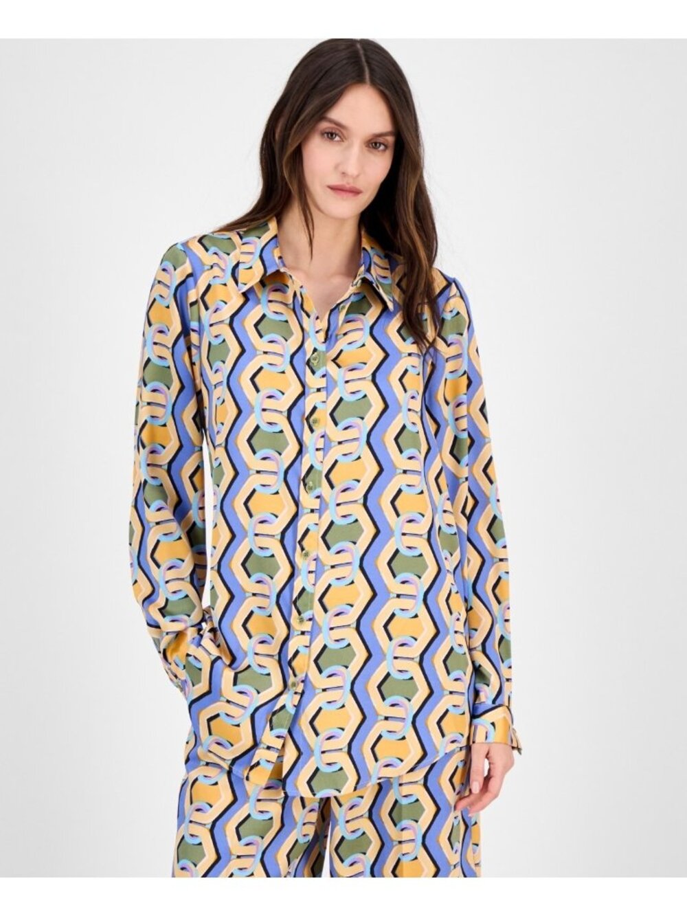 Tahari ASL Women's polyester button closures Printed Blouse Blue Size M $89 SALE